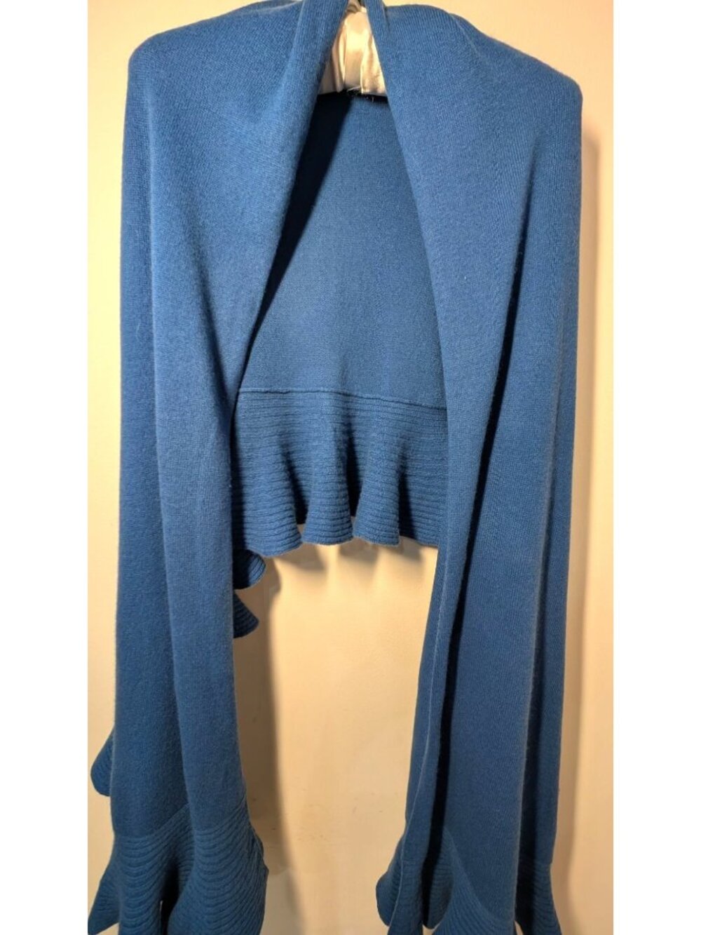 Magaschoni 100% Cashmere Ruffle Accent Shrug/Wrap/Shawl, Cerulean-Aqua